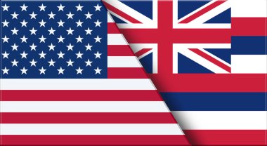 ABD ve Hawaii 'nin çifte bayrağı. Birleşik Devletler ve Hawaii resmi bayrakları. Üç boyutlu illüstrasyon. Çifte Bayrak 'ın İllüstrasyonu. Ulusal sembol. Amerikan ve Hawaii sembolü. İki Bayrak Birlikte