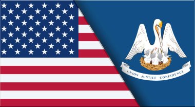 Double Flag of USA ve Louisiana. Birleşik Devletler ve Louisiana resmi bayrakları. Üç boyutlu illüstrasyon. Çifte Bayrak 'ın İllüstrasyonu. Amerikan ve Louisiana sembolü. İki Bayrak Birlikte