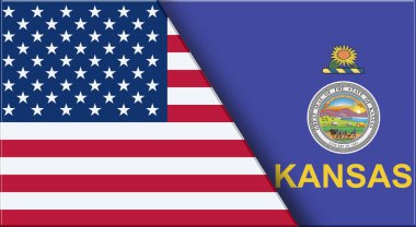 ABD ve Kansas 'ın çifte bayrağı. Birleşik Devletler ve Kansas resmi bayrakları. Üç boyutlu illüstrasyon. Çifte Bayrak 'ın İllüstrasyonu. Ulusal sembol. Amerikan ve Kansas sembolü. İki Bayrak Birlikte