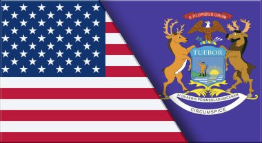 ABD ve Michigan 'ın çifte bayrağı. Birleşik Devletler ve Michigan resmi bayrakları. Üç boyutlu illüstrasyon. Çifte Bayrak 'ın İllüstrasyonu. Ulusal sembol. Amerikan ve Michigan sembolü. İki Bayrak Birlikte