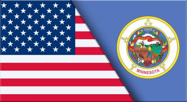 ABD ve Minnesota 'nın çifte bayrağı. Birleşik Devletler ve Minnesota resmi bayrakları. Üç boyutlu illüstrasyon. Çifte Bayrak 'ın İllüstrasyonu. Ulusal sembol. Amerikan ve Minnesota sembolü. İki Bayrak Birlikte