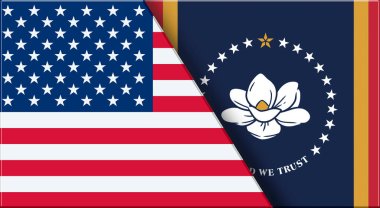 ABD ve Mississippi 'nin çifte bayrağı. Birleşik Devletler ve Mississippi resmi bayrakları. Üç boyutlu illüstrasyon. Çifte Bayrak 'ın İllüstrasyonu. Ulusal sembol. Amerikan ve Mississippi sembolü. İki Bayrak Birlikte