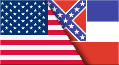 ABD ve Mississippi 'nin çifte bayrağı. Birleşik Devletler ve Mississippi resmi bayrakları. Üç boyutlu illüstrasyon. Çifte Bayrak 'ın İllüstrasyonu. Ulusal sembol. 2020 'ye kadar Amerikan ve Mississippi sembolü. İki Bayrak Birlikte