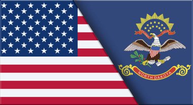 ABD ve Kuzey Dakota 'nın çifte bayrağı. Birleşik Devletler ve Kuzey Dakota resmi bayrakları. Üç boyutlu illüstrasyon. Çifte Bayrak 'ın İllüstrasyonu. Ulusal sembol. Amerikan ve Kuzey Dakota sembolü. İki Bayrak Birlikte