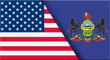 ABD ve Pennsylvania 'nın çifte bayrağı. Birleşik Devletler ve Pennsylvania resmi bayrakları. Üç boyutlu illüstrasyon. Çifte Bayrak 'ın İllüstrasyonu. Ulusal sembol. Amerikan ve Pennsylvania sembolü. İki Bayrak Birlikte