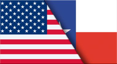 ABD ve Teksas 'ın çifte bayrağı. Birleşik Devletler ve Teksas resmi bayrakları. Üç boyutlu illüstrasyon. Çifte Bayrak 'ın İllüstrasyonu. Ulusal sembol. Amerikan ve Teksas sembolü. İki Bayrak Birlikte