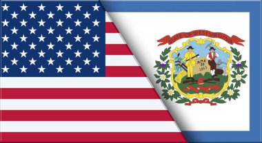 Alabama ve Batı Virginia 'nın çifte bayrağı. Alabama ve Batı Virginia resmi bayrakları. Üç boyutlu illüstrasyon. Çifte Bayrak 'ın İllüstrasyonu. Ulusal sembol. Alabama ve Batı Virginia sembolleri. İki Bayrak Birlikte