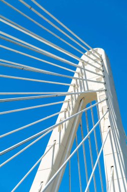 a abstract image of white bridge cables against blue skies 