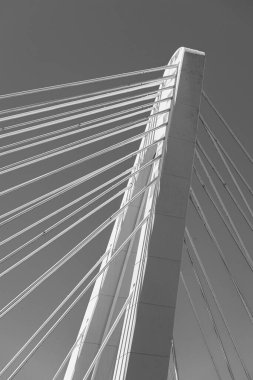 a side on image of a white concrete bridge pillar and cables against blue skies