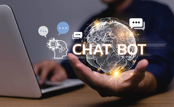 Chat with AI or Artificial Intelligence technology, Hand of businessman chatting with smart AI or artificial intelligence, Automate chatbot.