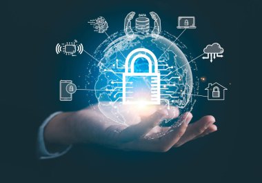 Network security system. Personal Data information on Tablet.Information and cyber security Technology Services. Internet Technology.