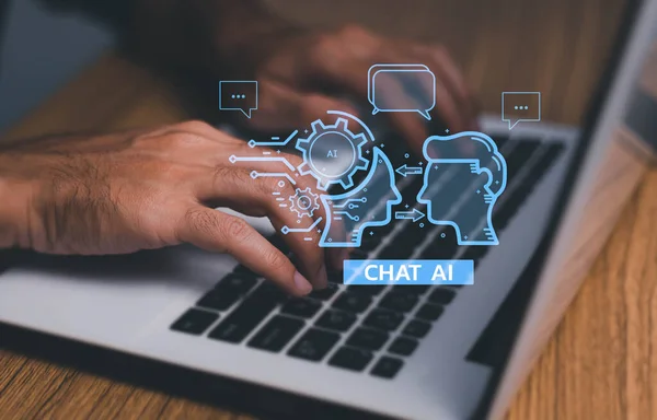 Chat with AI, Artificial Intelligence. Adult man chatting with a smart AI or artificial intelligence using an artificial intelligence chatbot developed, Futuristic technology transformation.