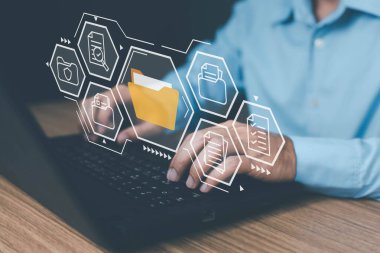 Belge Yönetim Sistemi kavramı. Etkili arşivleme için çevrimiçi belge veri yazılımı. Şirket içerik yönetimi, Dijital varlık yönetimi, Belge görüntüleme, Çalışma akışı, Kayıt yönetimi.