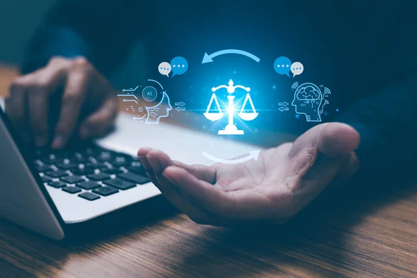 Al etik ya da Al Law konsepti. Etik yapay zeka kodları geliştiriyorum. Uyum, düzenleme, standart, iş politikası ve makine öğrenme algoritmalarında istenmeyen önyargılara karşı koruma.