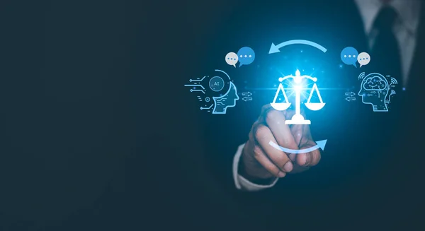Al etik ya da Al Law konsepti. Etik yapay zeka kodları geliştiriyorum. Uyum, düzenleme, standart, iş politikası ve makine öğrenme algoritmalarında istenmeyen önyargılara karşı koruma.