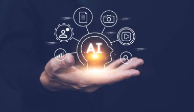 Ai teknoloji konsepti. Ai sohbet. İş adamı Ai ile sohbet ediyor. Üretmek için komut komutu kullanılıyor. Ai teknoloji konsepti.