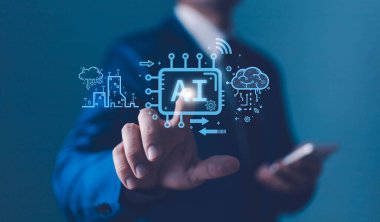 Ai chat, yapay teknoloji kavramı, iş adamı kullanıcı bilgisayarı açık sohbet komut iletisi yeni çalışma çevrimiçi ağı oluşturmak için, robot yardımı ile gelecek teknolojisi, zeka ile insan çalışmaları.