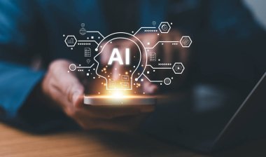 AI uzman analitik teknolojisi, yapay zeka teknolojisi konsepti, teknoloji ve insan konsepti, AI 'yi çalışmaya yardım etmek için kullanır, AI Öğrenme, İş, modern teknoloji, internet ve ağ konsepti