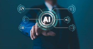 AI uzman analitik teknolojisi, yapay zeka teknolojisi konsepti, teknoloji ve insan konsepti, AI 'yi çalışmaya yardım etmek için kullanır, AI Öğrenme, İş, modern teknoloji, internet ve ağ konsepti