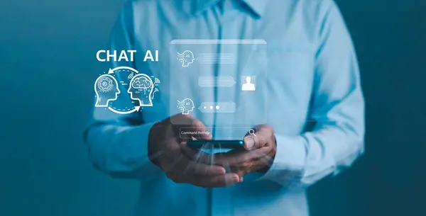 Ai chat, artificial technology concept, business person user smartphone open chat with command prompt to generate new work online network, future tech by robot assistance, Human work with intelligence.