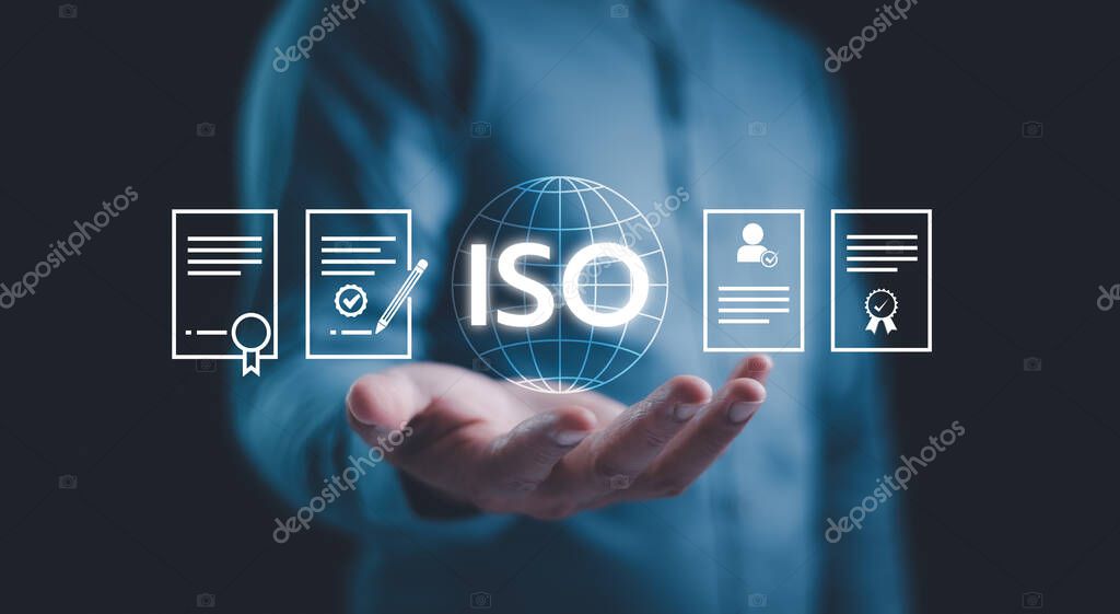 ISO standards quality control, assurance and warranty business technology concept. Quality management improvement. Standardization, certification concept. Compliance to regulations and standards.