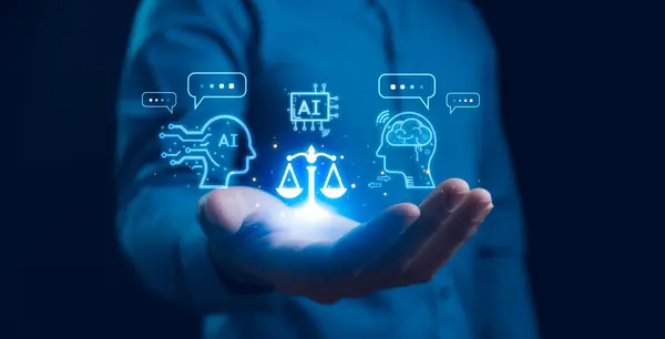 Al etik ya da Al Law konsepti. Etik yapay zeka kodları geliştiriyorum. Uyum, düzenleme, standart, iş politikası ve makine öğrenme algoritmalarında istenmeyen önyargılara karşı koruma.
