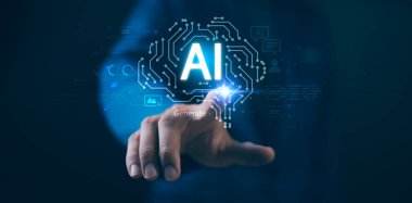 Adam yapay zekayı kullanarak içerik yaratıyor. Metin resim, konuşma, akıllı yapay zeka komut girerek bir şey oluşturur, fütürist teknoloji.