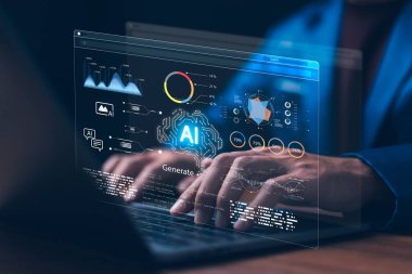 Adam yapay zekayı kullanarak içerik yaratıyor. Metin resim, konuşma, akıllı yapay zeka komut girerek bir şey oluşturur, fütürist teknoloji.