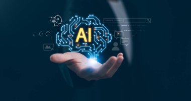 Adam yapay zekayı kullanarak içerik yaratıyor. Metin resim, konuşma, akıllı yapay zeka komut girerek bir şey oluşturur, fütürist teknoloji.