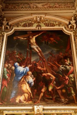 Milan, Lombardy, İtalya: Ortaçağ San Marco kilisesinin içi. Innalzamento della Croce Yazan Antonio Busca