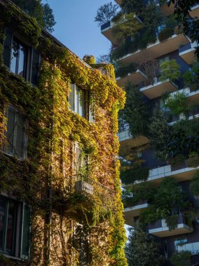 Bosco Verticale, Milano, Lombardiya, İtalya 'daki modern yerleşim yerleri, balkonlarında bitkiler