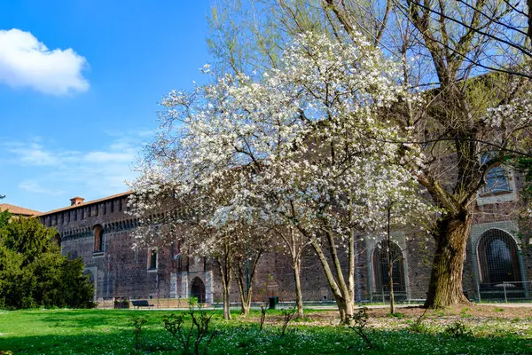 Parco Sempione, İtalya 'nın Milano şehrinde tarihi park, Mart ayında, Castello Sforzesco ile