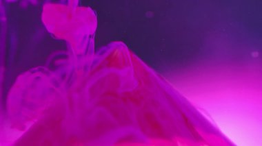 Mürekkep arkaplanı. Renk dumanı. Sis sanatı. Kırmızı piramidin tepesindeki neon pembe dokuma sisi ve menekşe üzerindeki Bokeh soyut parçacıkları..