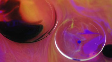 Soyut arkaplan. Sıvı karışımı. Renkli akrilik kabarcıklar. Neon menekşe parıltı dokusu siyah yağ lekesi turuncu lekeli su sanatında daireler çiziyor.