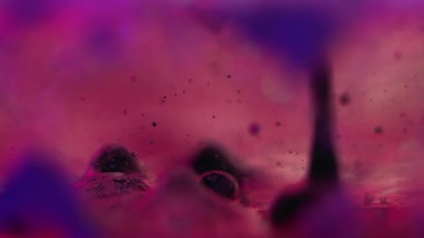 Fluido Burbujas Textura Aceite Gota Agua Tinta Desenfocado Neón Púrpura — Vídeos de Stock