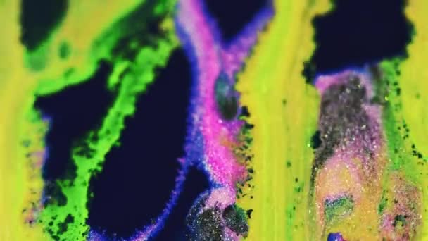 Inkt Meng Water Glitterverf Defocused Neon Geel Roze Blauw Groene — Stockvideo