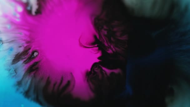 墨水掉了在水里喷涂油漆 湿淋淋的 脱色霓虹红粉红黑色液体污迹扩散波流揭示运动抽象艺术背景 — 图库视频影像