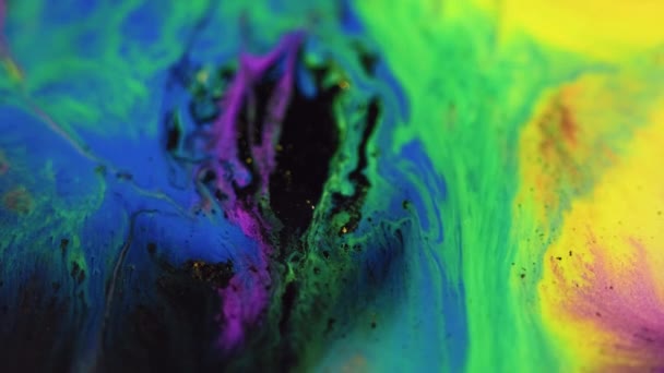Flujo Pintura Derrame Líquido Color Desenfocado Brillante Azul Brillante Verde — Vídeos de Stock