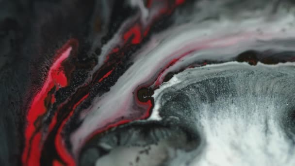大理石のインクの質 水を混ぜる 不分割された赤い黒い白い色の液体粒子は流れの動きの芸術の抽象的な背景を飛ばします — ストック動画