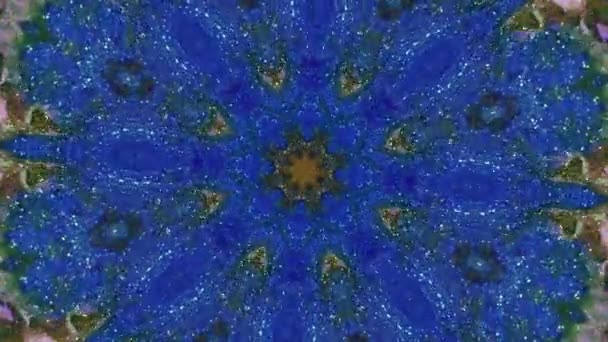 抽象的な背景 グリッターケルドスコープ 催眠術のオーナメント 活気のある青い金の光沢のある粒子 液体インク催眠術はサイケデリック効果芸術の動きを形づけます — ストック動画