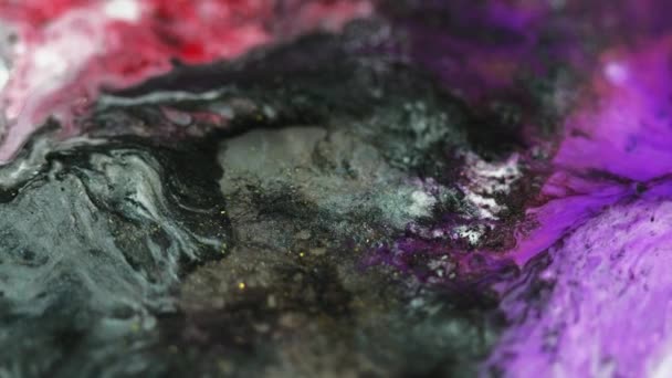 Flujo Pintura Glitter Fluido Onda Desenfocado Púrpura Negro Rojo Color — Vídeos de Stock