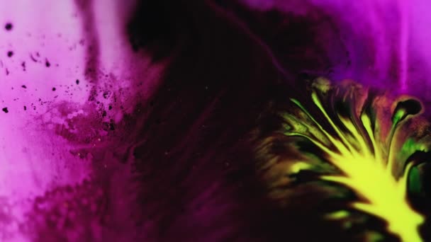 Goccia Vernice Inchiostro Mescolare Acqua Sfocatura Neon Viola Giallo Nero — Video Stock