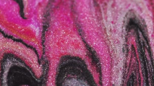 Natte Glitterdruppel Marmeren Verf Roze Zwarte Kleur Sprankelende Metallic Textuur — Stockvideo