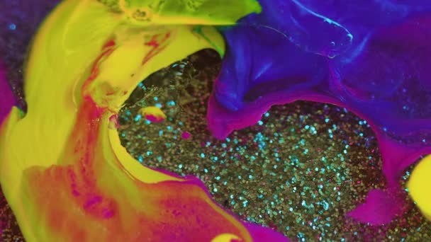 Υγρό Φόντο Glitter Ελαιώδης Τέχνη Πολύχρωμες Ακρυλικές Φυσαλίδες Επιφάνεια Νερού — Αρχείο Βίντεο