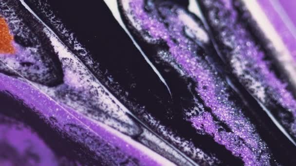 摘要背景 闪烁的油墨质感 新的液体混合 创造性艺术中色彩艳丽的紫色橙色黑色白色闪光涂料的流动运动 — 图库视频影像