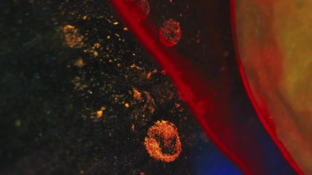 Gota Agua Tinta Burbujas Aceite Desenfocado Rojo Azul Brillo Partículas — Vídeos de Stock