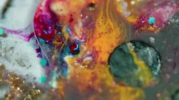 Fond Teinture Liquide Mélange Pigments Fluide Huile Flottant Paillettes Argent — Video