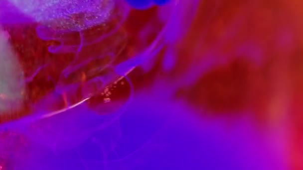 グリッター流体バブル ネオン 水を塗る 分割された明るい青い赤い紫色の勾配粒子の質のゲル インクの渦芸術の抽象的な背景 — ストック動画