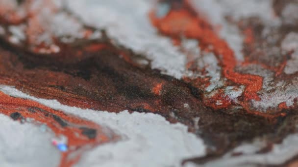 Rozstřik Třpytící Tekutiny Mramorová Textura Rozostřená Hnědá Oranžová Bílá Černá — Stock video