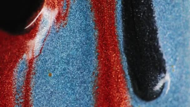 Glitter Inkt Druipt Verf Morsen Defocused Rood Zwart Blauw Kleur — Stockvideo